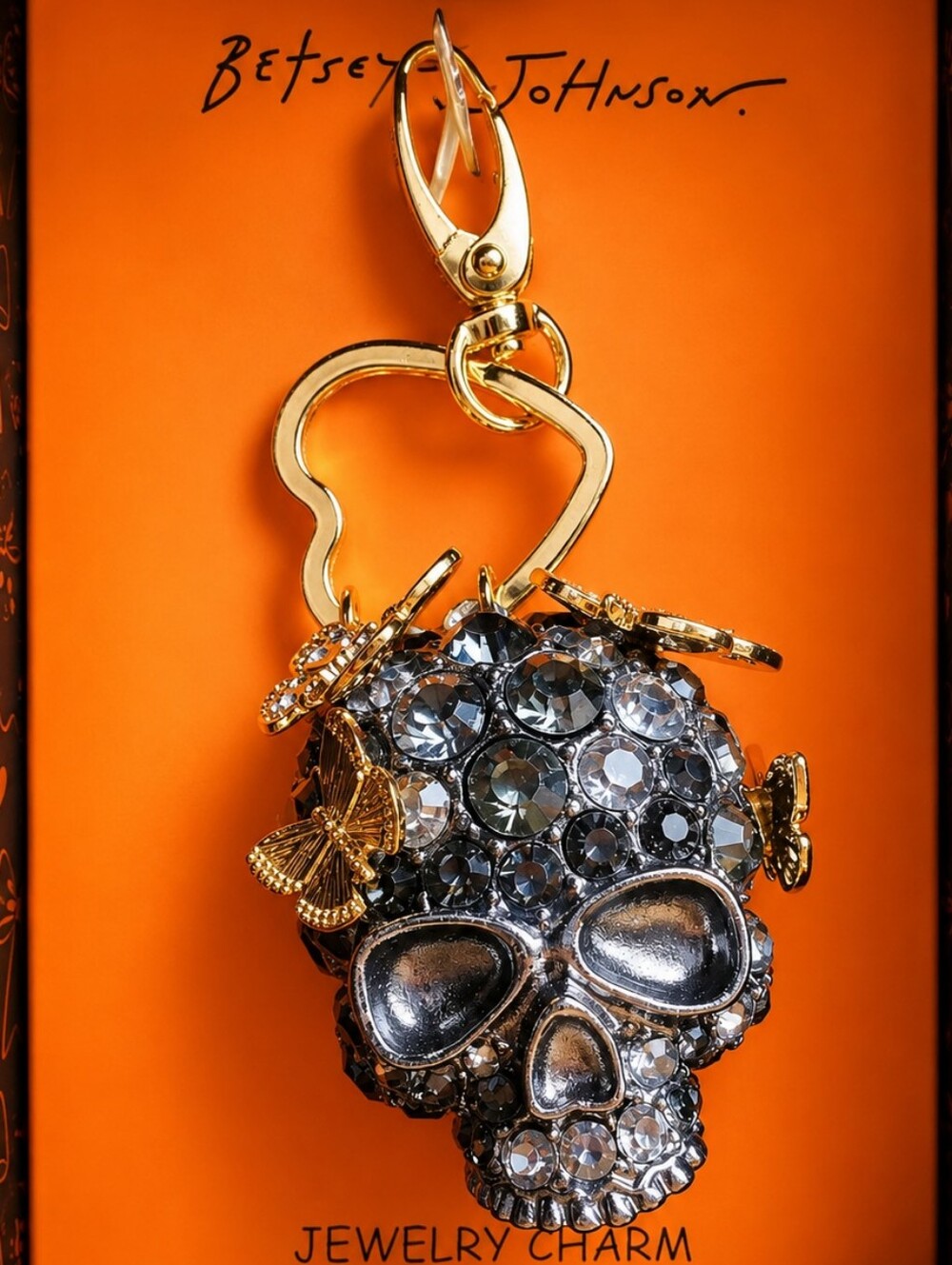 Betsey Johnson Skull & Butterflies W Pave Black Crystal Rhinestone Bag Charm NEW